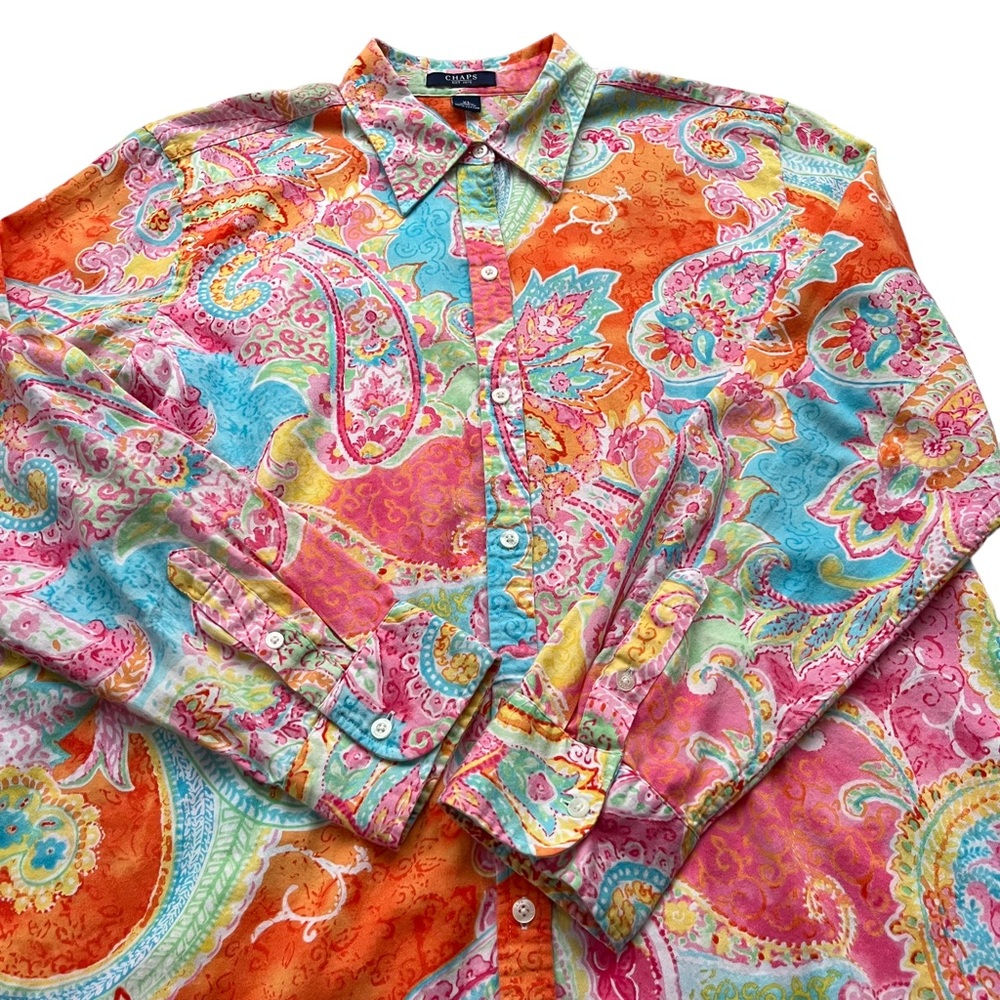 CHAPS By Ralph Lauren Women’s XL Pink Orange Paisley 100% Cotton Button Blouse - Picture 11 of 14